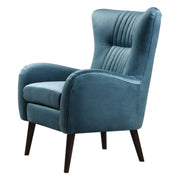 Blue mid-century accent chair by Uttermost with wooden legs and curved armrests, showcasing stylish, modern design.