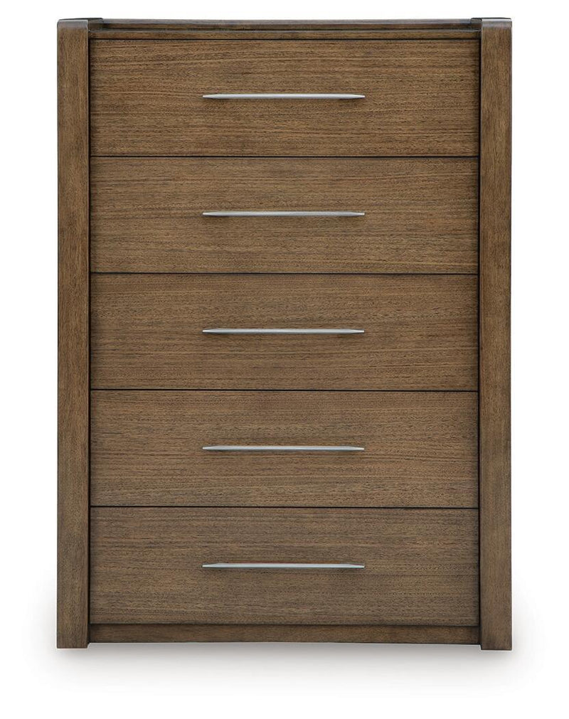 Benchcraft® Marxmore five-drawer brown accent chest with sleek design and ample storage, perfect for bedroom or living room decor.