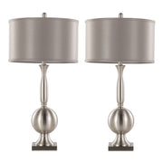 Pair of Lumi Source Joan contemporary table lamps with nickel and gray satin finishes, featuring modern design and cylindrical shades.