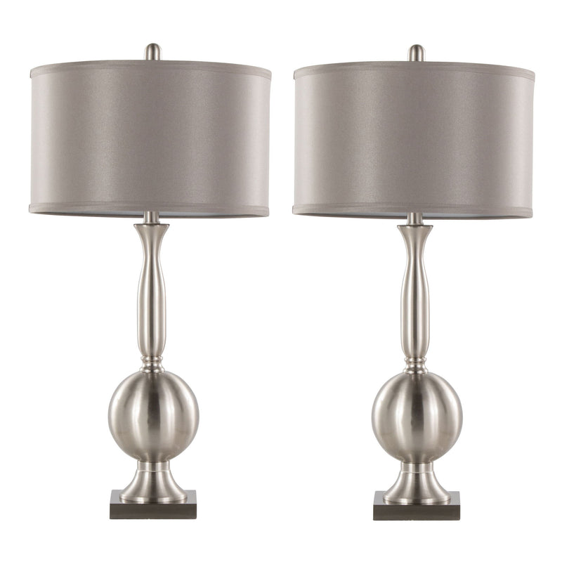 Pair of Lumi Source Joan contemporary table lamps with nickel and gray satin finishes, featuring modern design and cylindrical shades.
