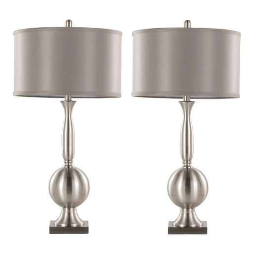 Pair of Lumi Source Joan contemporary table lamps with nickel and gray satin finishes, featuring modern design and cylindrical shades.