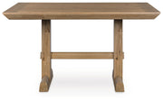 Rectangular Benchcraft Ridgester dining room counter table with light brown wood finish, smooth surface and sturdy legs.