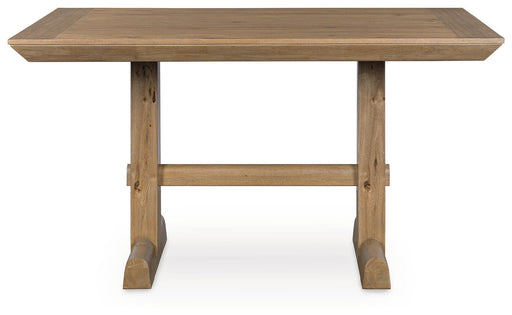 Rectangular Benchcraft Ridgester dining room counter table with light brown wood finish, smooth surface and sturdy legs.