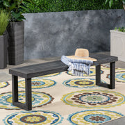 Noble House Realm outdoor bench with dark gray slat panel top and base, sturdy and stylish for outdoor seating.