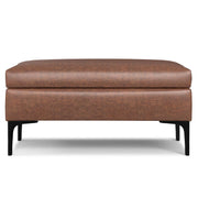 Simpli-Home Rebecca multifunctional coffee table storage ottoman with lift-up lid, beige fabric and wooden legs.
