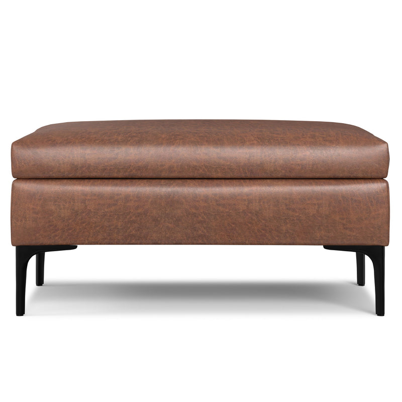 Simpli-Home Rebecca multifunctional coffee table storage ottoman with lift-up lid, beige fabric and wooden legs.