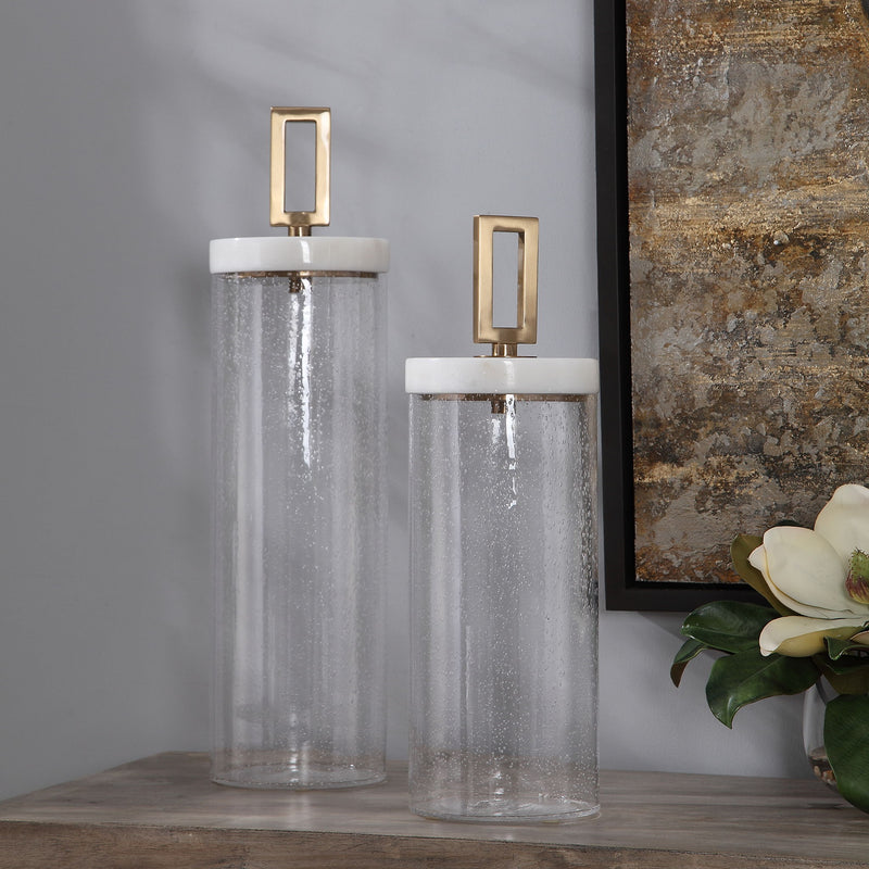 Pair of white seeded glass vases from Uttermost Hayworth set, featuring textured glass and elegant, modern design.