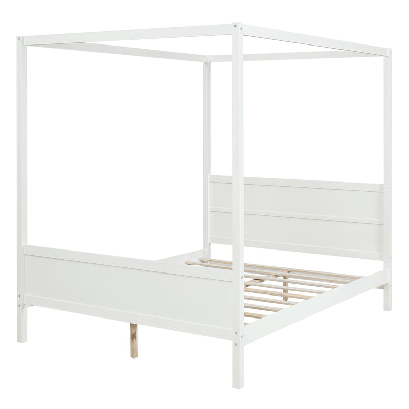 DreamHaus canopy platform bed with headboard, footboard, and slat support legs, showcasing the sturdy frame and elegant design.