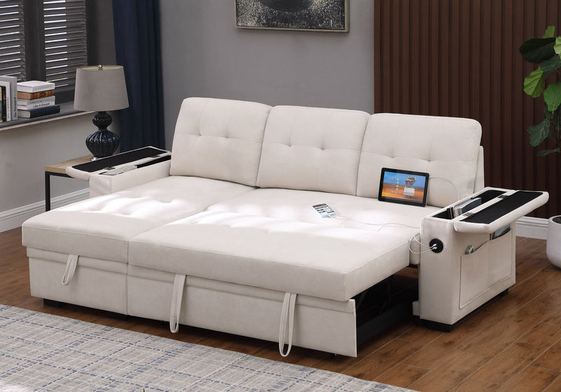 Ashlyn II - 84"W Woven Fabric Reversible Sleeper Sectional Sofa with Storage Chaise - R&R Furniture Gallery (Fountain Valley, CA)