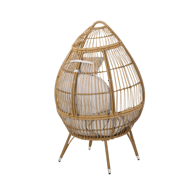 Noble House basket accent chair with teardrop shape and water-resistant cushion in natural finish, ideal for stylish outdoor seating.