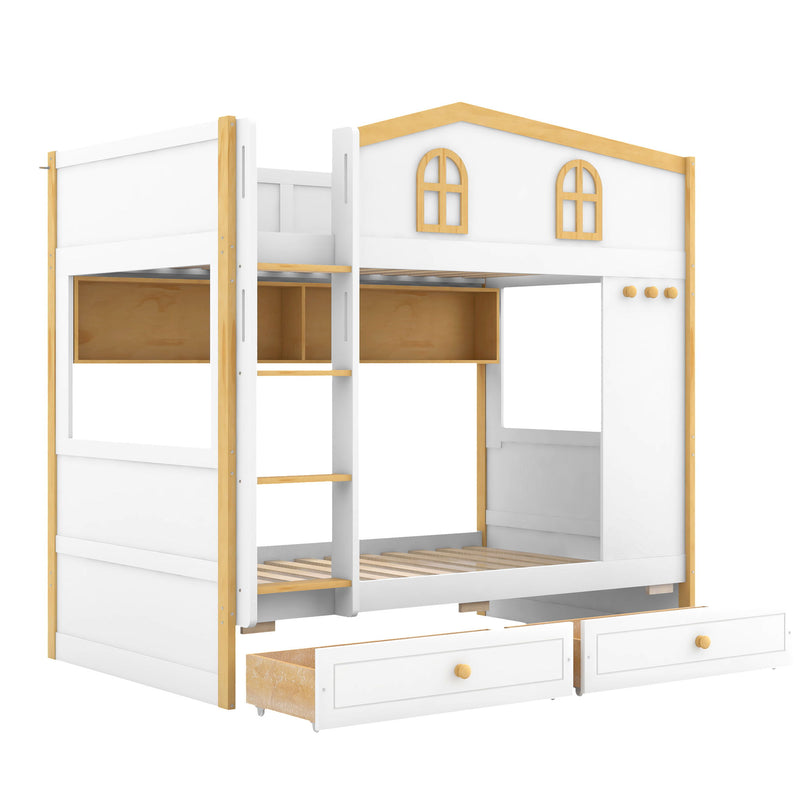 Dreamland white and natural twin over twin bunk bed with house-shaped guardrails, storage shelves, and drawers in a cozy bedroom setting.