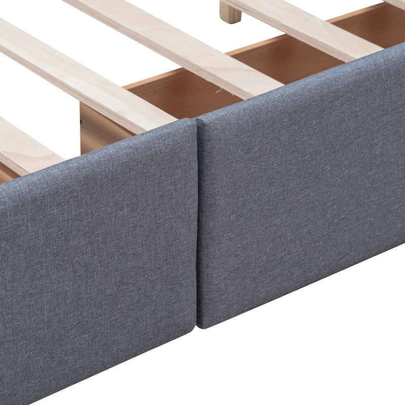 DreamHaus upholstered platform storage bed with classic headboard and built-in drawers, no box spring needed, in a modern bedroom setting