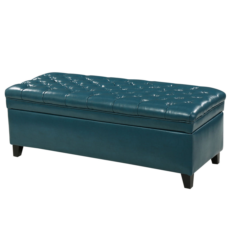 Noble House Juliana storage ottoman with birch wood legs, upholstered in neutral fabric, showing its cushioned top and stylish design.