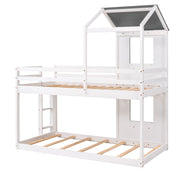 DreamHaus wooden bunk bed with roof, window, guardrail, and ladder, showcasing a sturdy and charming children's bunk bed design.