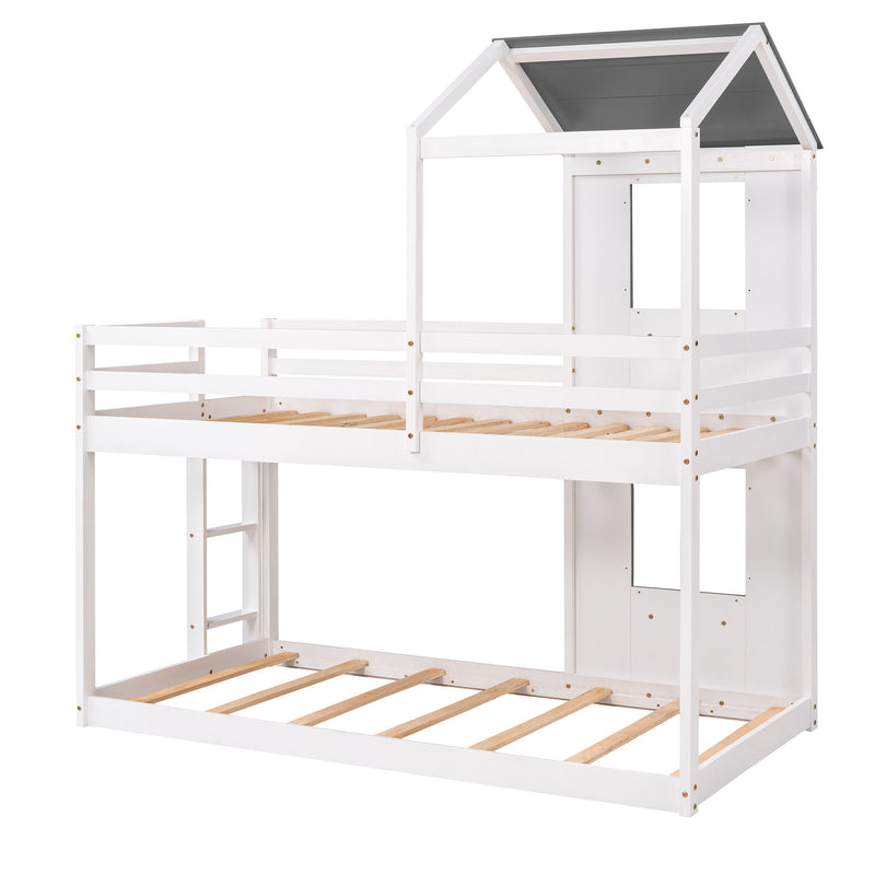 DreamHaus wooden bunk bed with roof, window, guardrail, and ladder, showcasing a sturdy and charming children's bunk bed design.