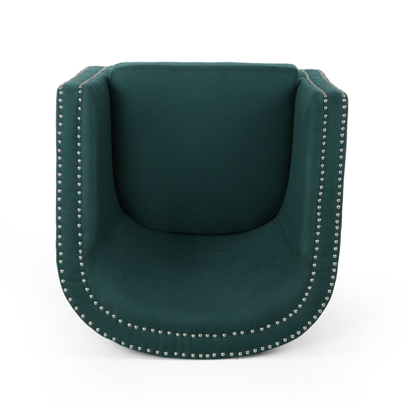 Noble House modern upholstered swivel club chair with nailhead trim, featuring plush fabric and a sleek, rounded design.