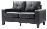 Glory Furniture Newbury track arm loveseat in cozy fabric with plush cushions, perfect for compact living spaces.