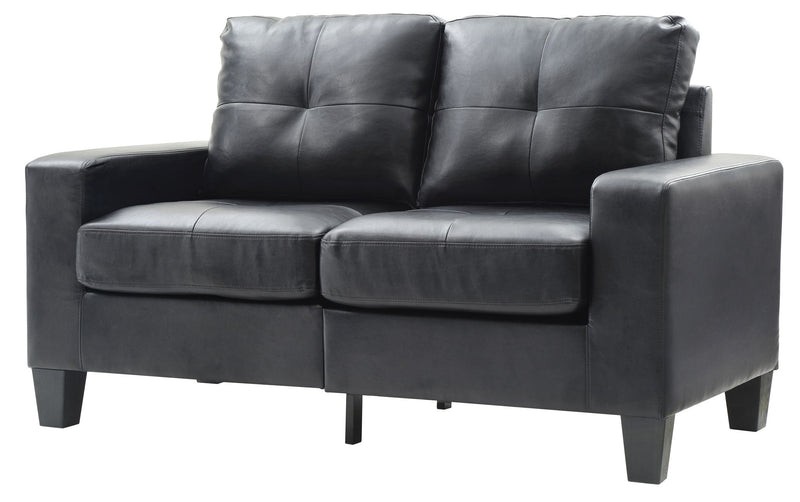Glory Furniture Newbury track arm loveseat in cozy fabric with plush cushions, perfect for compact living spaces.
