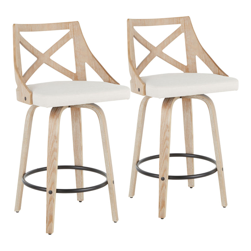 Lumi Source Charlotte farmhouse counter stools with swivel, white washed and cream finish, set of 2, showcasing wooden design.
