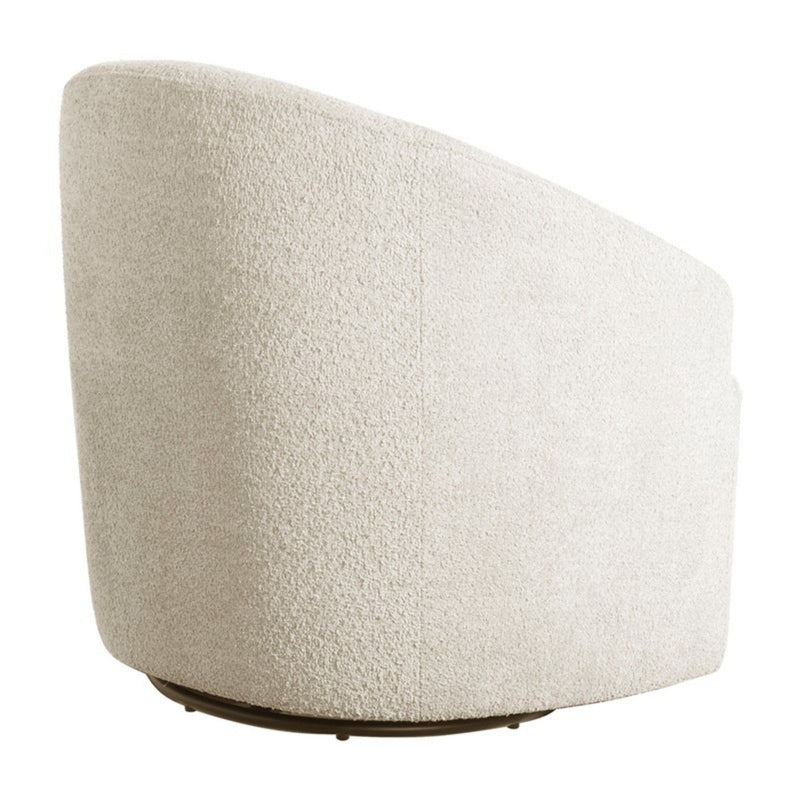 Cream upholstered JLA 360 degree swivel chair with cushioned seat and backrest, featuring a modern design and metal base.