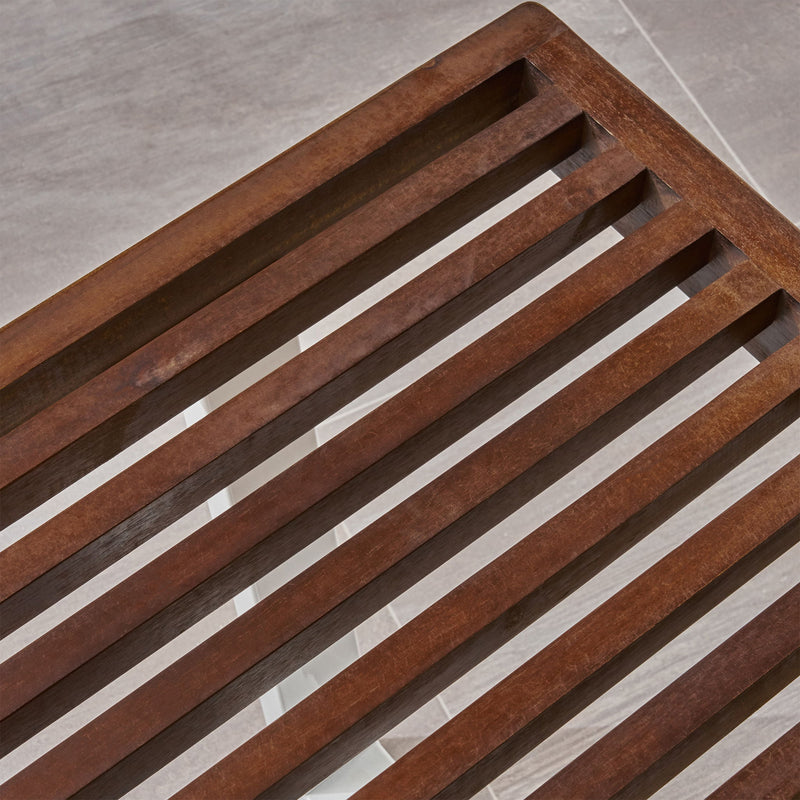 Noble House Intrinsic outdoor dining bench with slat top, sturdy wooden bench for outdoor seating and outdoor dining spaces.