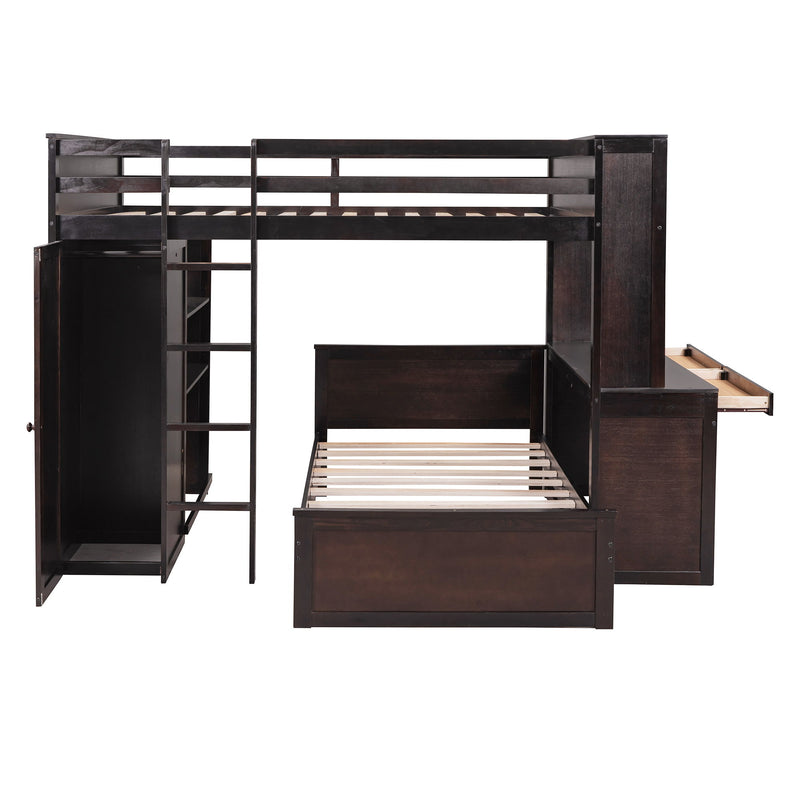 DreamHaus loft bed with twin standalone bed, shelves, desk, and wardrobe, showcasing a modern multi-functional bedroom setup.
