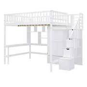 DreamHaus loft bed with integrated bookshelf, drawers, desk, and wardrobe in a modern bedroom setting