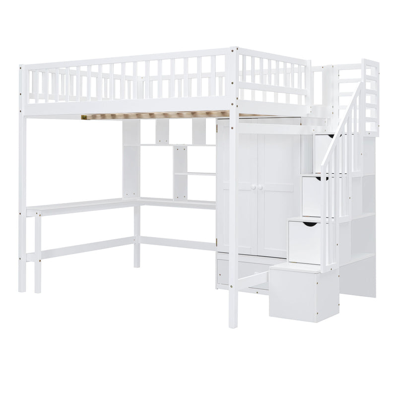 DreamHaus loft bed with integrated bookshelf, drawers, desk, and wardrobe in a modern bedroom setting