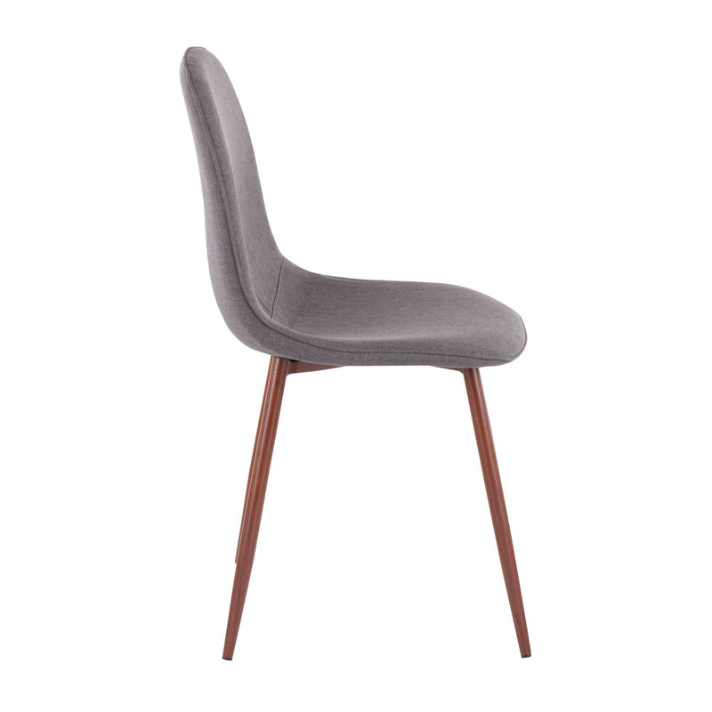 Set of two Pebble contemporary upholstered dining and accent chairs by Lumi Source with walnut legs, showcasing plush fabric and modern design.