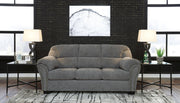 Benchcraft Allmaxx pewter stationary sofa with plush cushions and sleek fabric upholstery, perfect for modern living rooms.