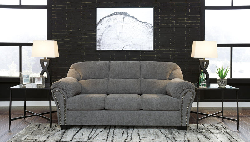 Benchcraft Allmaxx pewter stationary sofa with plush cushions and sleek fabric upholstery, perfect for modern living rooms.