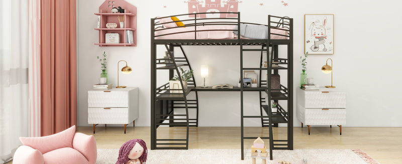 Loft Bed With 4 Layers Of Shelves And L-Shaped Desk, Stylish Metal Frame Bed With A Set Of Sockets, USB Ports And And Wireless Charging - R&R Furniture Gallery (Fountain Valley, CA)