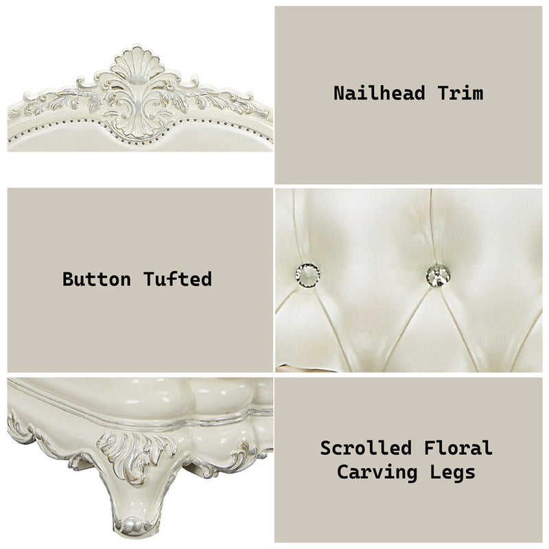 Adara - Chair With 2 Pillows - Pearl White Synthetic Leather & Antique White