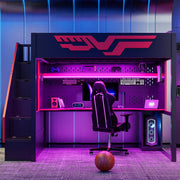 Full Gaming Loft Bed With Desk And Storage Staircase, LED Lights And USB - Red / Black - R&R Furniture Gallery (Fountain Valley, CA)