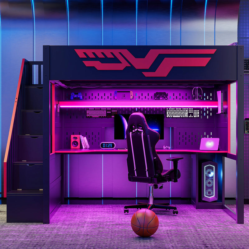 Full Gaming Loft Bed With Desk And Storage Staircase, LED Lights And USB - Red / Black - R&R Furniture Gallery (Fountain Valley, CA)