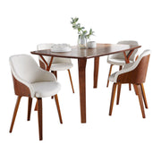Lumi Source Folia Bacci 5-piece mid-century modern dining set with walnut wood finish and cream upholstered chairs.