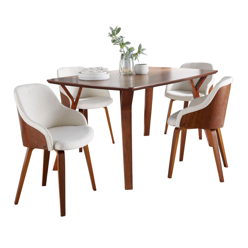 Lumi Source Folia Bacci 5-piece mid-century modern dining set with walnut wood finish and cream upholstered chairs.