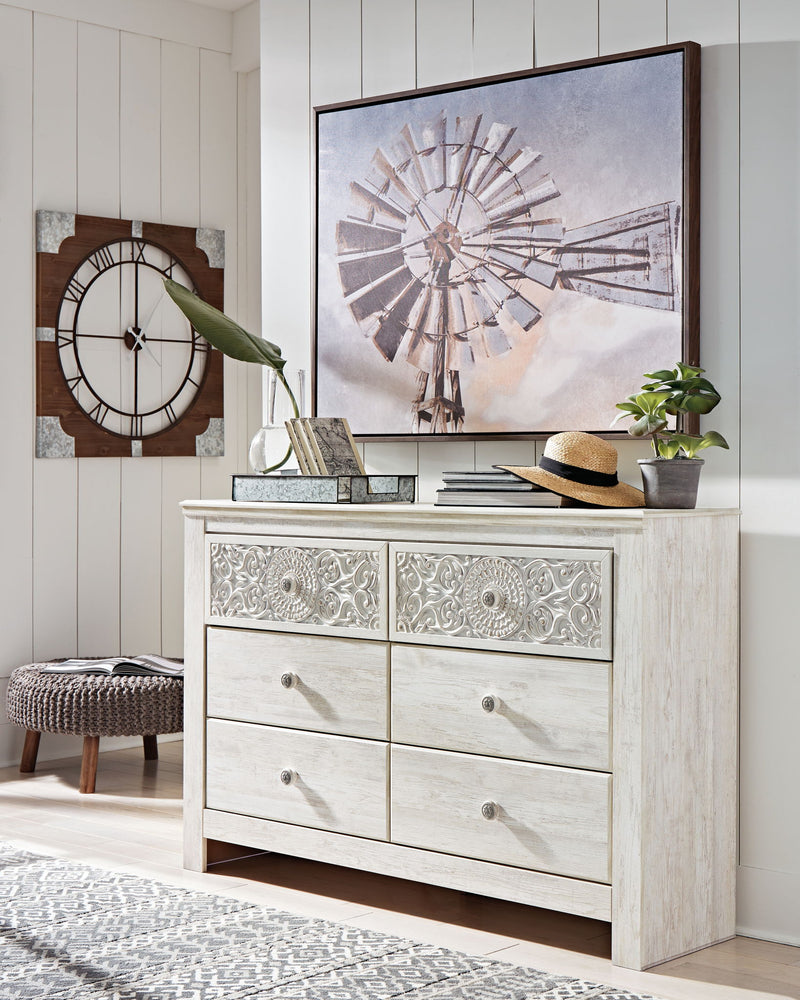 Paxberry - Six Drawer Dresser - Medallion Drawer Pulls - Whitewash - R&R Furniture Gallery (Fountain Valley, CA)