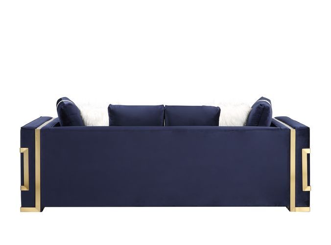 Virrux - Sofa With 6 Pillows - Blue Velvet & Gold - R&R Furniture Gallery (Fountain Valley, CA)