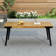 Noble House acacia wood patio dining table, 69-inch rectangular outdoor table with teak and black finish, ideal for outdoor dining areas.