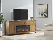 Sharlance 81-inch TV stand with electric fireplace from Signature Design by Ashley, featuring modern wood finish and built-in fireplace.