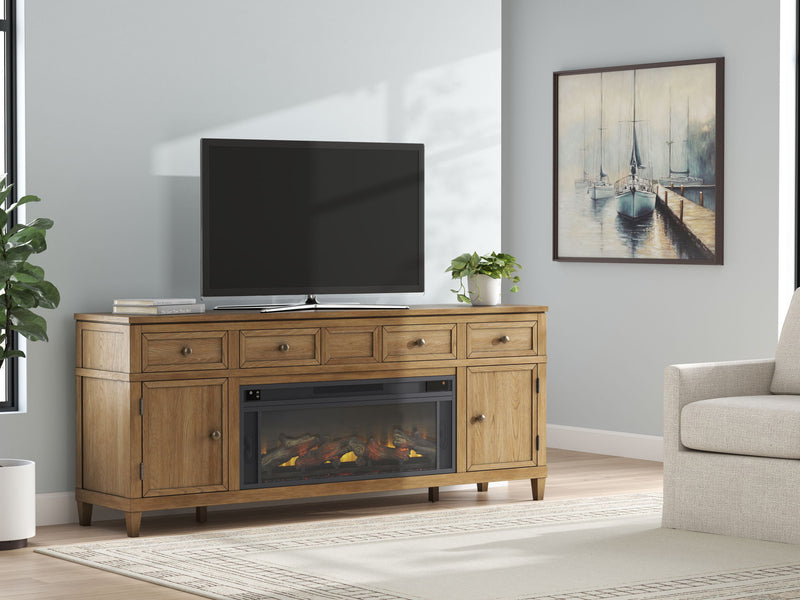 Sharlance 81-inch TV stand with electric fireplace from Signature Design by Ashley, featuring modern wood finish and built-in fireplace.