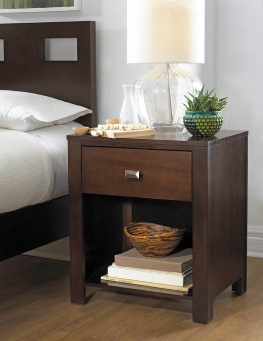 Modus Riva One Drawer Nightstand in chocolate brown with sleek design and smooth finish, showcasing a modern bedroom furniture piece.