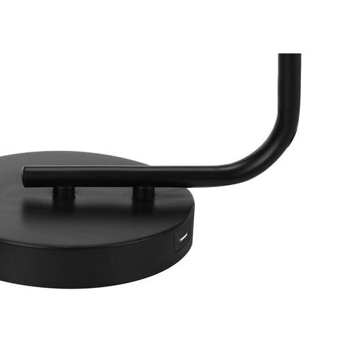 Modern black 8th Street table lamp with glass shade and built-in USB port, ideal for stylish home or office lighting.