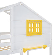 DreamHaus bunk bed with built-in playhouse roof and window, featuring a cozy design for kids' bedroom furniture.