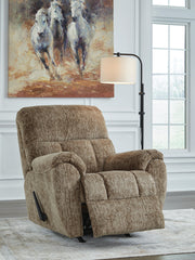Signature Design by Ashley Stayfish rocker recliner with plush cushioning and wooden base, perfect for relaxing and lounging.