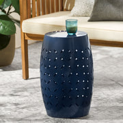 Navy blue outdoor lace cut side table by Noble House, featuring intricate lace design and sturdy metal frame for patio decor.