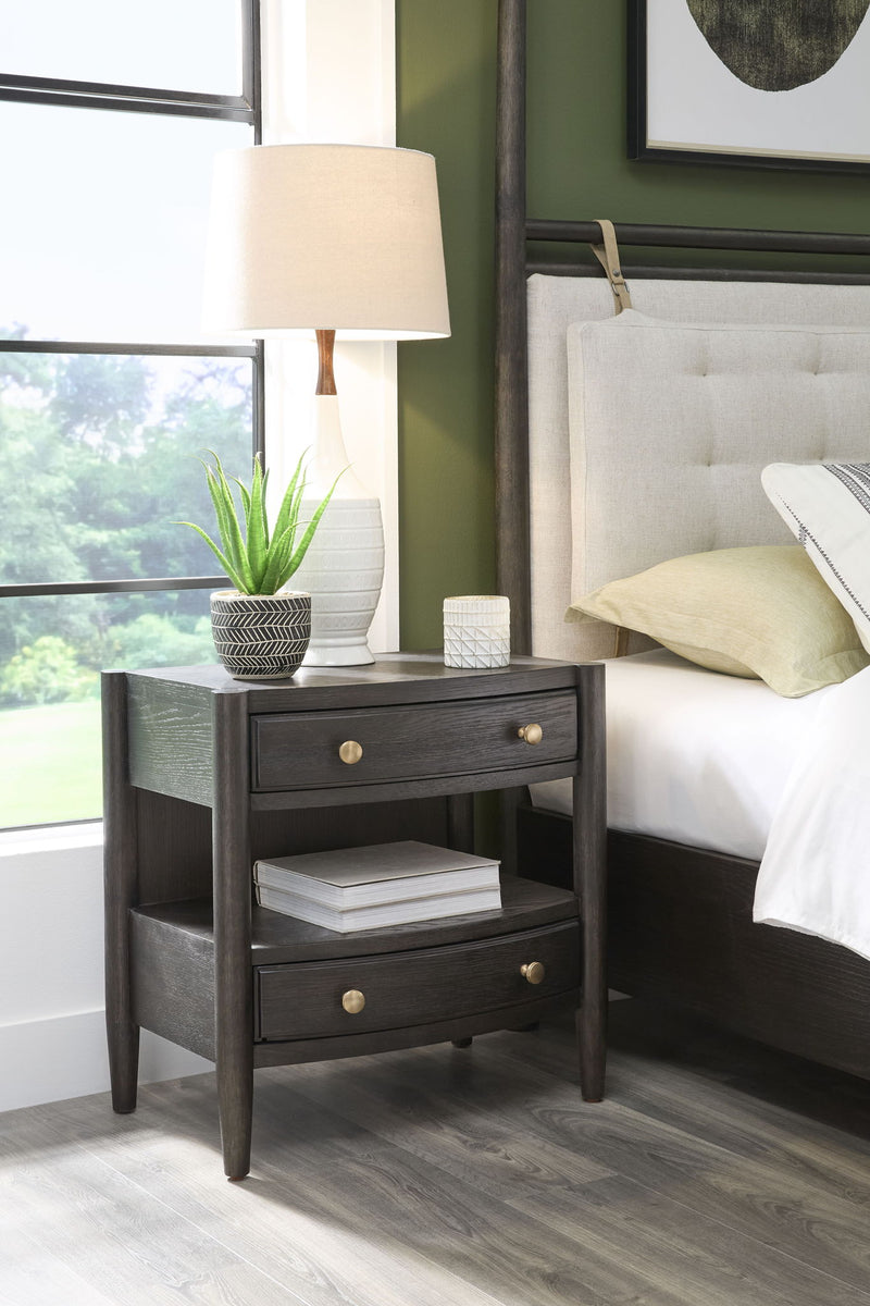 Modus Rockport oak wood nightstand with two drawers and a shelf, featuring a sleek, modern design in natural oak finish.