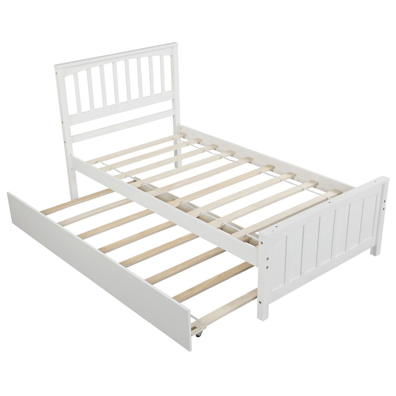 DreamHaus platform trundle bed with clean wooden frame and under-bed storage, perfect for space-saving bedroom decor.