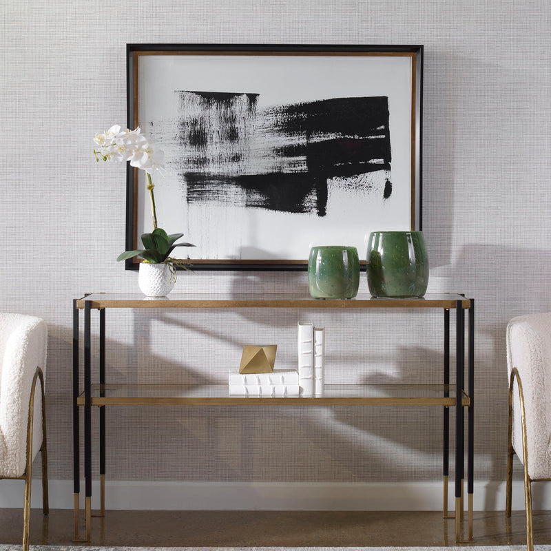 Uttermost Mystere black framed contemporary canvas art print featuring abstract design on a neutral background.
